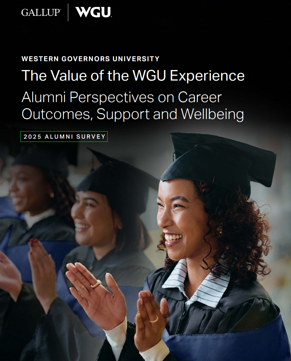 Three smiling graduates in caps and gowns clapping, with text overlay "The Value of the WGU Experience".